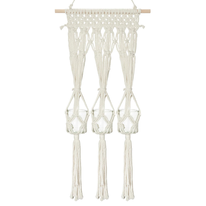 Briful Macrame Wall Hanging Shelf Cream-White with 3 Glass Vases Boho Decor