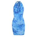 Knemksplanet Women Halterneck Mesh Mini Dress Floral Print Blue Size L