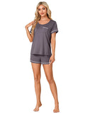 Rooscier Women's Cotton Pajama Set Scoop Neck Pocket Top Shorts Gray Size S