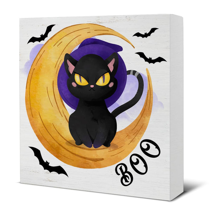 Hijie Halloween Black Cat Bat Wooden Sign Decor 5x5 Inches Indoor