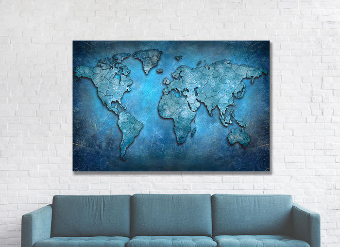 World Map Canvas, Blue Abstract World Map Canvas Wall Art, Earth Map, World Map