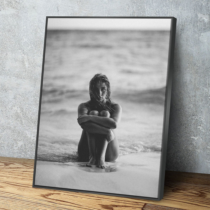 Woman On The Seashore Canvas Wall Art, Woman Beach Print, Black and White Female Print, Woman Water Print, Vintage Print, Fashion Art
