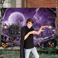 Halloween Backdrop Banner Scary Castle Cemetery Purple Full Moon 7x5Ft