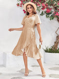 Febriajuce Women's Summer Wrap Maxi Dress V Neck Ruffle Hem Champagne Size S