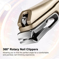 ILLFER Toe Nail Clippers 360° Rotating Long Handle Gold Stainless Steel