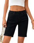 OFLUCK Women's Mid Rise Roll Cuff Stretch Denim Bermuda Shorts Dark Blue Size 10