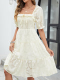 Gardenwed Womens Square Neck Midi Dress Smocked Bodice Puff Sleeves Beige Size M