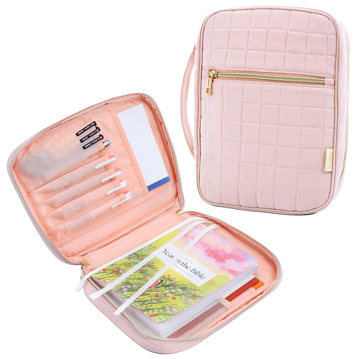 VICUTU Bible Cover Case for Women with Handle Pink Soft Quilted Carrying Bag