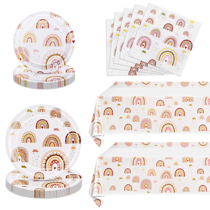 Ryzovo Boho Rainbow Party Supplies 62pcs Paper Plates Napkins Tablecloth