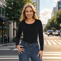 +MD Round Neck Long Sleeve Bodysuit Slim Waist Black Size M