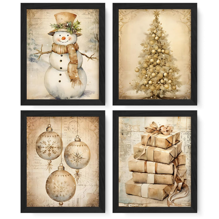 JXREQ Vintage Christmas Wall Art Prints 8x10 Snowman Tree Set of 4 Unframed