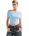 SUUKSESS Women Off Shoulder Cowl Neck Short Sleeve Top Light Blue Size M