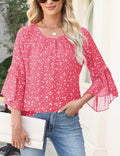 CiCiBird Women Chiffon Floral Blouse 3/4 Ruffle Sleeve Pink Size XXL