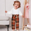 TITKKOP Toddler Baby Girl Ribbed Top Plaid Pants Belt Set Orange Grid Size 4-5T