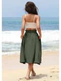 Poplab Women's Elastic High Waist Pleated A-Line Midi Skirt Army Green Size 2XL