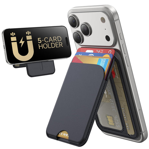 Wallet 5-Card Holder & Adjustable Stand — RFID Blocking Vegan Leather for iPhone