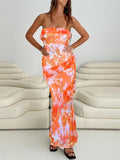 Oumrdeo Women's Strapless Floral Orange Maxi Dress Size L