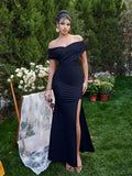 LAGSHIAN Women's Bodycon Off Shoulder Ruched Split Hem Dress Navy Size S