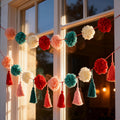 OBBOLO Tissue Paper Pompom Garland with Cotton Tassels 2 Pcs Red Green Pink