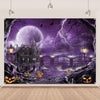 Halloween Backdrop Banner Scary Castle Cemetery Purple Full Moon 7x5Ft