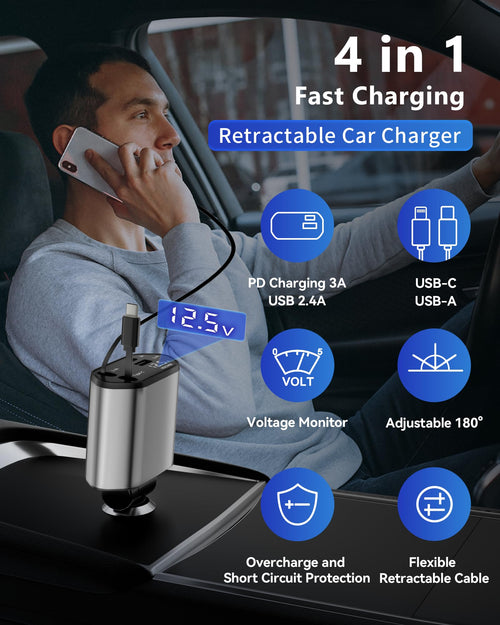Retractable Car Charger — Fast Charging USB-C & USB-A for iPhone 16/15/14, Samsu