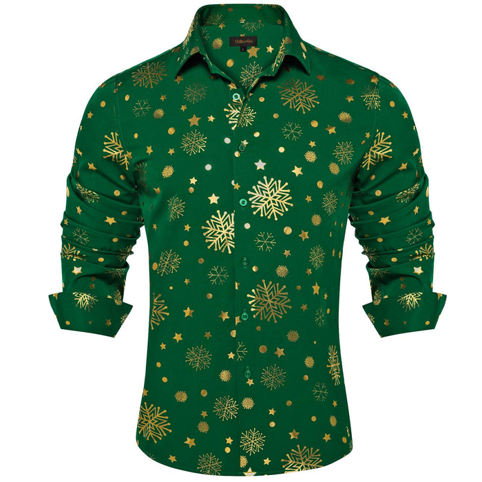 DiBanGu Mens Christmas Long Sleeve Button Down Shirt Green Gold Snowflake Size S