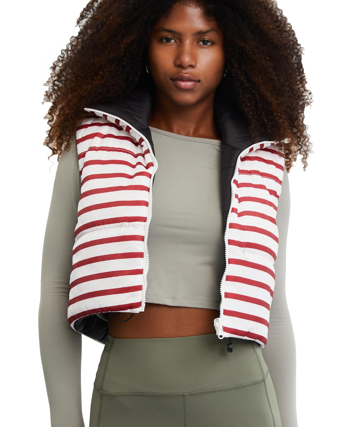 Xeoxarel Red White Striped Puffer Crop Vest Sleeveless Zipper Pockets Size XL