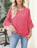 CiCiBird Women Chiffon Floral Blouse 3/4 Ruffle Sleeve Pink Size XXL