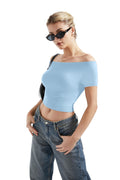 SUUKSESS Women Off Shoulder Cowl Neck Short Sleeve Top Light Blue Size M
