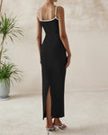 dowerme Women's Summer Bodycon Dress Spaghetti Straps Scoop Neck Black White XXL
