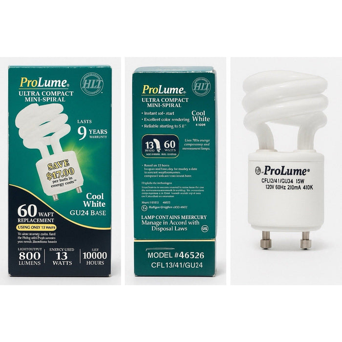 ProLume Ultra Compact Mini-Spiral CFL Bulb 13W = 60W Cool White 10000 HGU24 Base