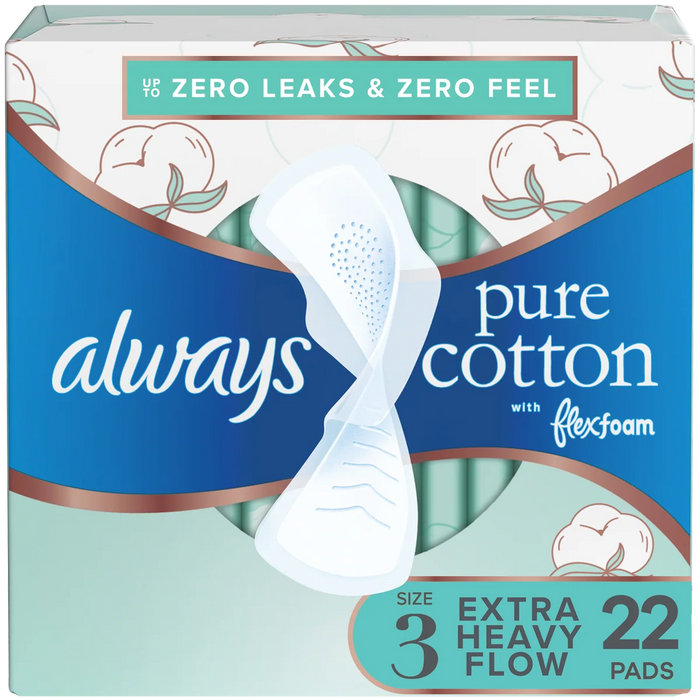 Always Pure Cotton Size 3 with FlexFoam Overnight Extra Heavy Flow Pads with Wings