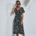 HEBELD Womens Midi Floral V Neck Wrap Dress Elastic Waist Black Size M