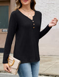 Edelqual Womens Long Sleeve Henley V Neck Sweater Black Size M