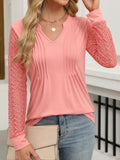 ANRABESS Women V Neck Pleated Tunic Top Long Sleeve Blouse Coral Pink Size XL