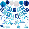 Crosize Blue Birthday Decorations Kit Pre-Strung Banner Tissue Poms Star Garland