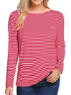 LilyCoco Womens Striped Long Sleeve Boat Neck Shirt Red Size M