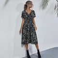 HEBELD Womens Midi Floral V Neck Wrap Dress Elastic Waist Black Size M