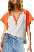 ReachMe Womens Color Block Crop Top V Neck Orange Basic Tee Size L