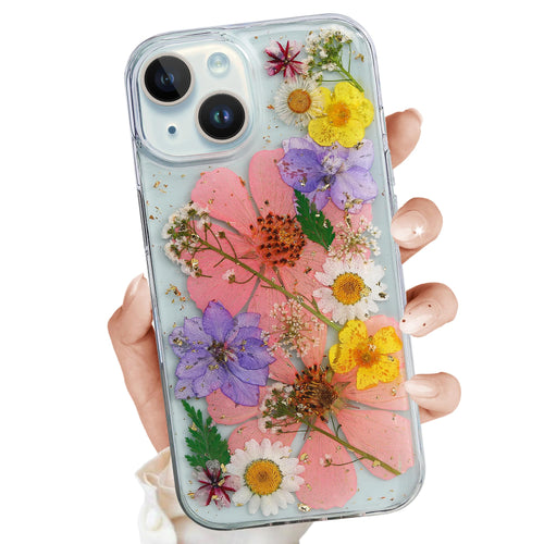 15 Plus Clear Case,Aesthetic Floral Phone Case with Pressed Real Flowers