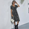 HEBELD Womens Midi Floral V Neck Wrap Dress Elastic Waist Black Size M