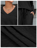 Amoretu Women's Lounge Set V Neck Top Wide Leg Drawstring Pants Black Size L
