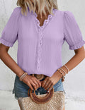 JUSTFASHIONNOW Summer Lace V Neck Short Sleeve Blouse Green Size M