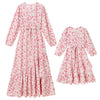 AWIBMK Mommy and Me Floral Boho A-Line V Neck Long Sleeve Dress Blue Pink Size L