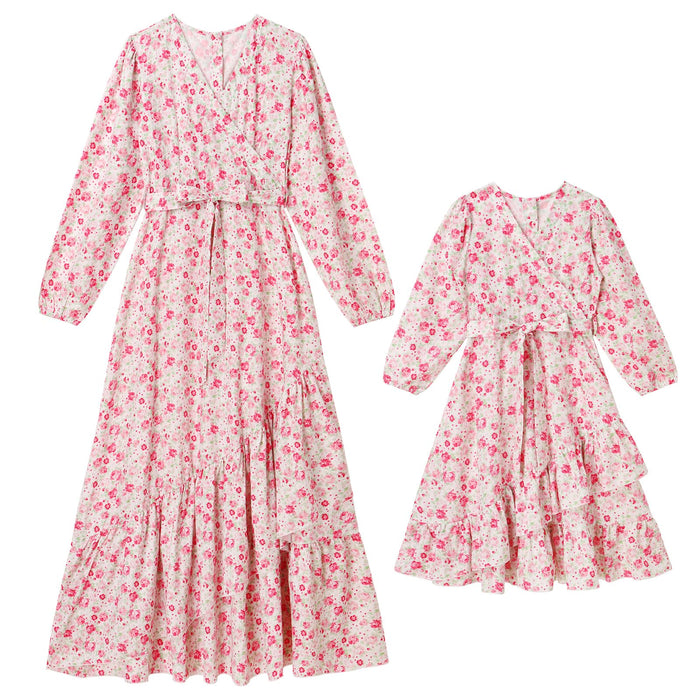 AWIBMK Mommy and Me Floral Boho A-Line V Neck Long Sleeve Dress Blue Pink Size L