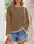 ZESICA Women's Oversized Ribbed Knit Sweater Crewneck Brown Size S
