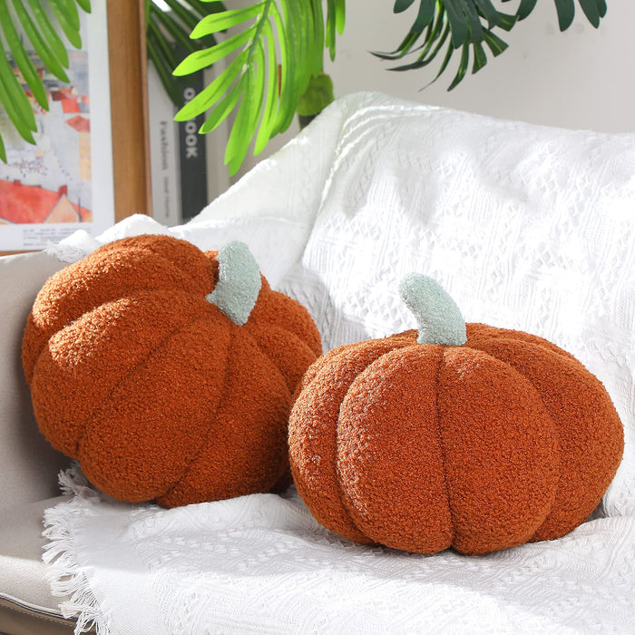 Queekay 2 Pc Pumpkin Plush Pillow 11x9.5in Brown Fall Thanksgiving Decor