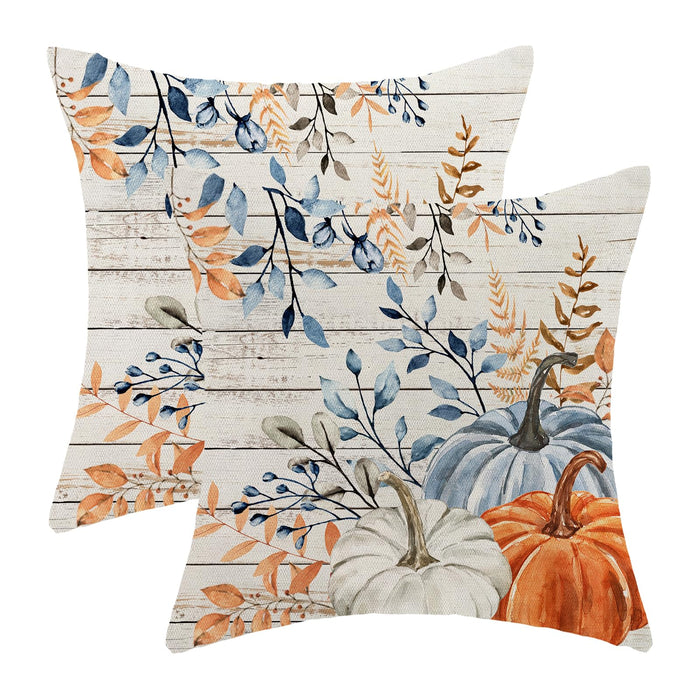 Yxuiyal Fall Pillow Covers 18x18 Set of 2 Blue Orange Pumpkin Leaves