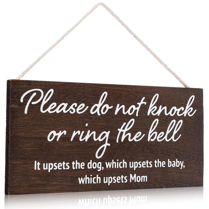 YEWANG Do Not Ring Doorbell Sign Wooden 12x6 Inch Brown with Ropes