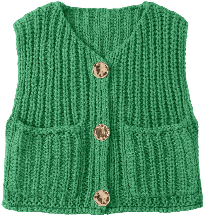 UEU Women's V Neck Crochet Sweater Vest Sleeveless Cardigan Green Size M